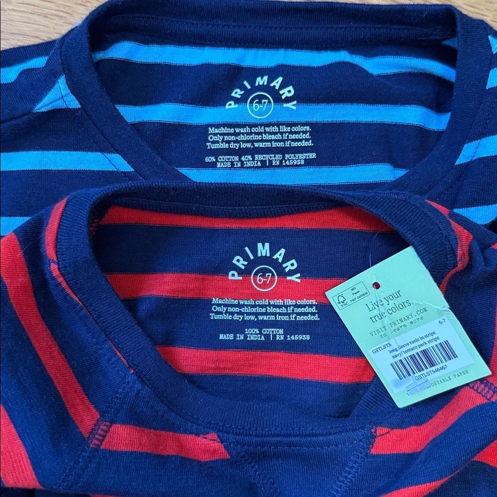 Primary Kids Long Sleeve Tunic Tees - Navy and Red Stripes